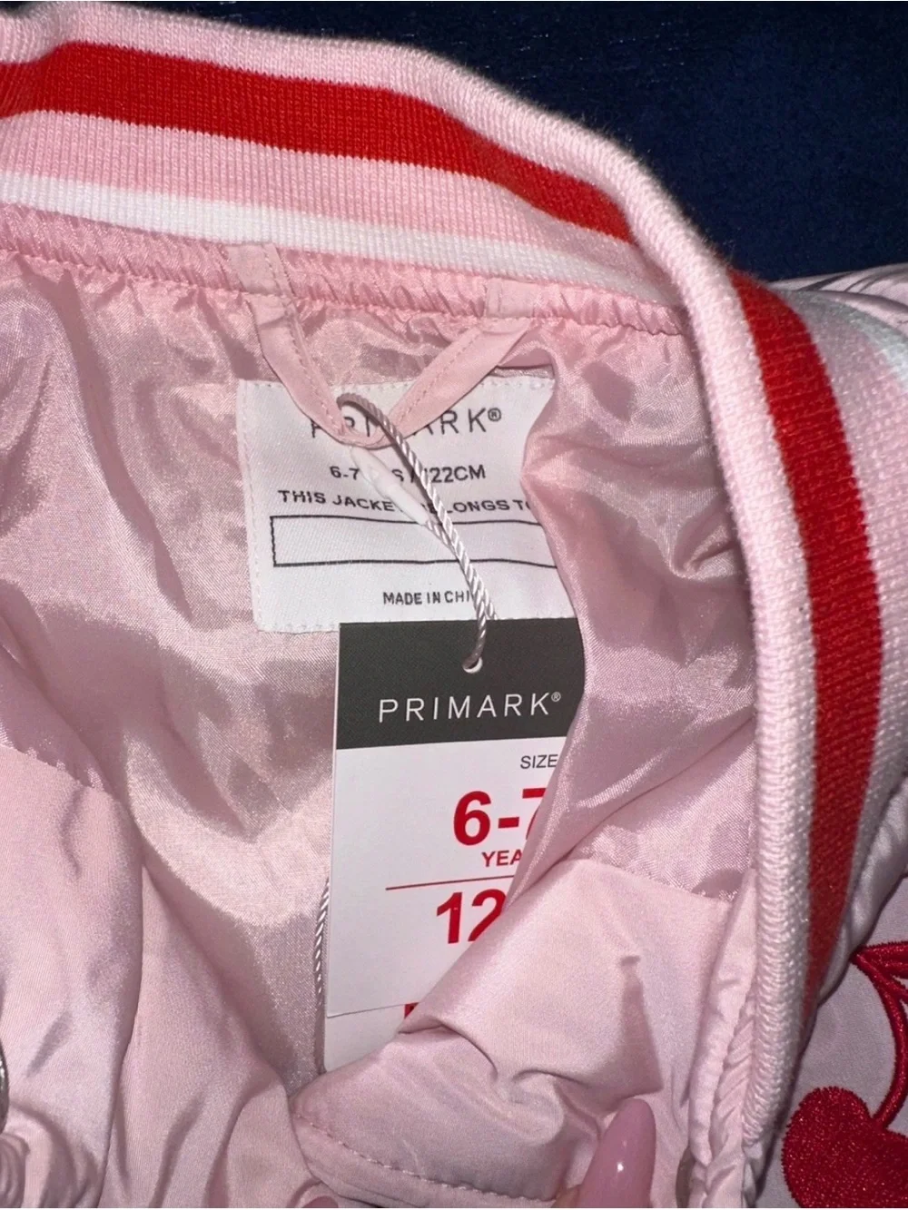 New Primark Cherry Mon Cheri Bomber Jacket Light Pink Red 6-7 Years NWT